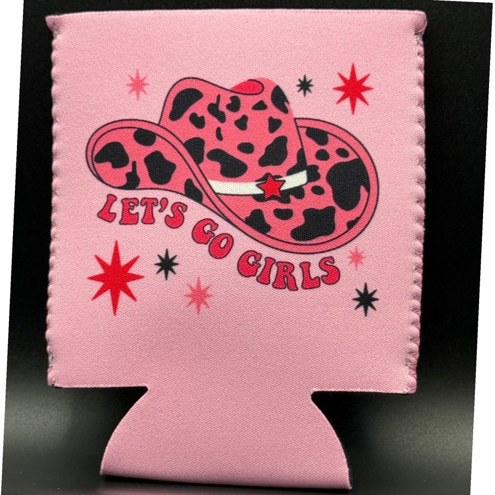 Cowboy Hat Can Cooler Let's Go Girls Pink Leopard‎ Print Drink Insulator